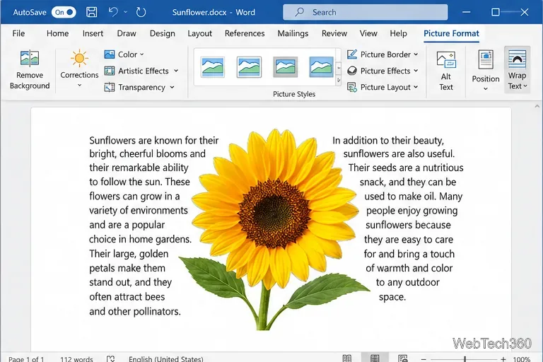 Изображение подсолнуха, созданное в Word, с текстом, расположенным рядом и плотно обтекающим контур цветка.