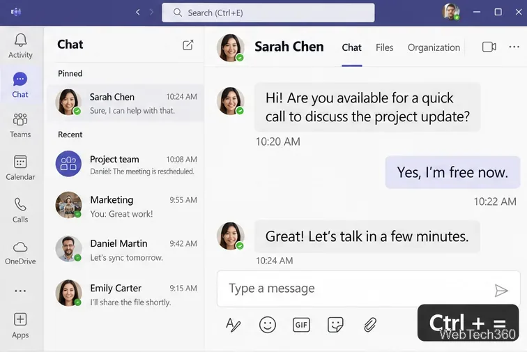 Les conversations Microsoft Teams affichent un texte et des icônes nettement plus grands, ainsi qu'un rappel concernant le raccourci Ctrl +.