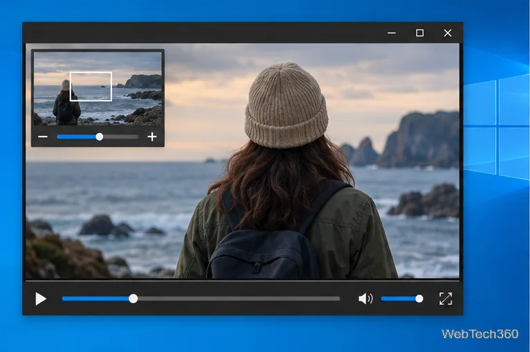 VLC playback view showing a small preview with a white selection rectangle, zoom controls, and the same shoreline scene enlarged
