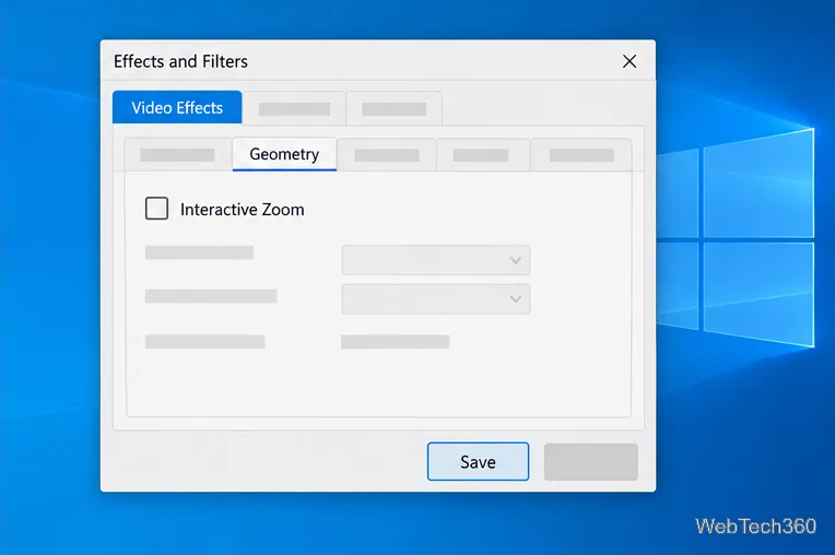 VLC Geometry tab with Interactive Zoom unchecked and the Save button visible