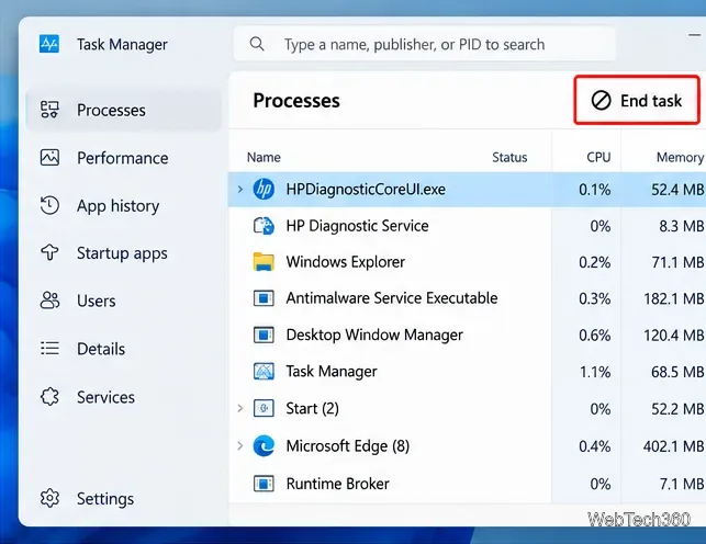 HPDiagnosticCoreUIが選択され、[タスクの終了]ボタンがハイライト表示されたWindowsタスクマネージャー
