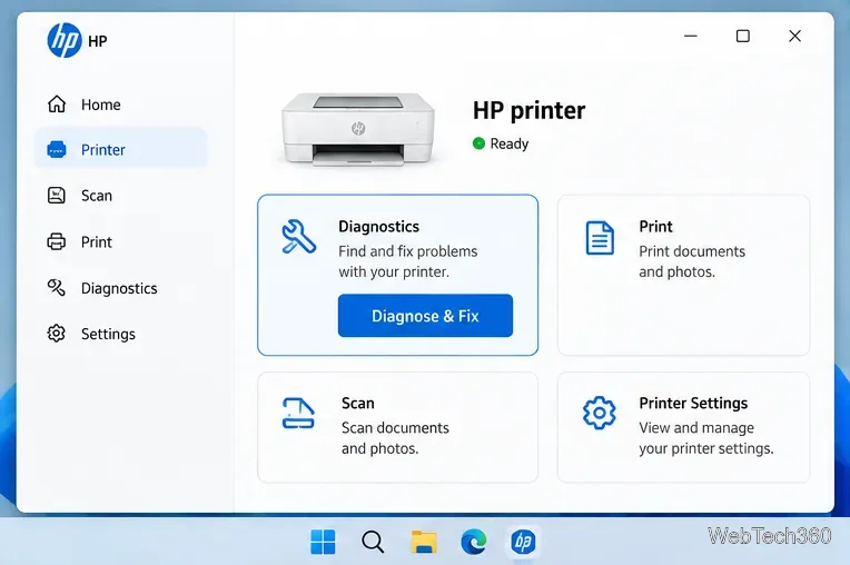 HPアプリのプリンターダッシュボードには、診断セクションと「診断して修正」ボタンがあります。