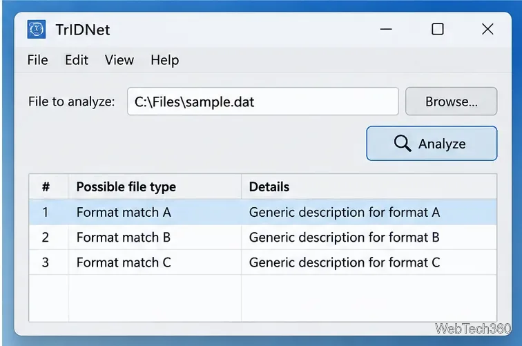 Finestra semplificata dell'applicazione TrIDNet con percorso file selezionato e elenco ordinato dei possibili tipi di file.
