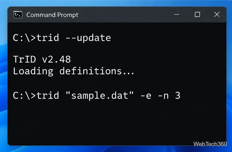 Prompt dei comandi che mostra trid --update e un esempio del comando TrID scan con -e e -n 3.
