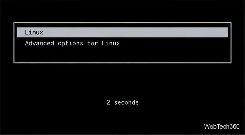 GRUB boot menu with Linux highlighted and a two-second countdown before automatic boot