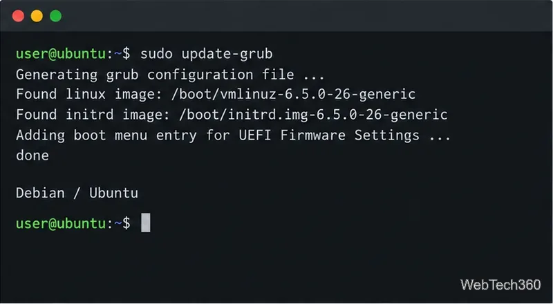 Debian and Ubuntu terminal running sudo update-grub to regenerate the GRUB configuration
