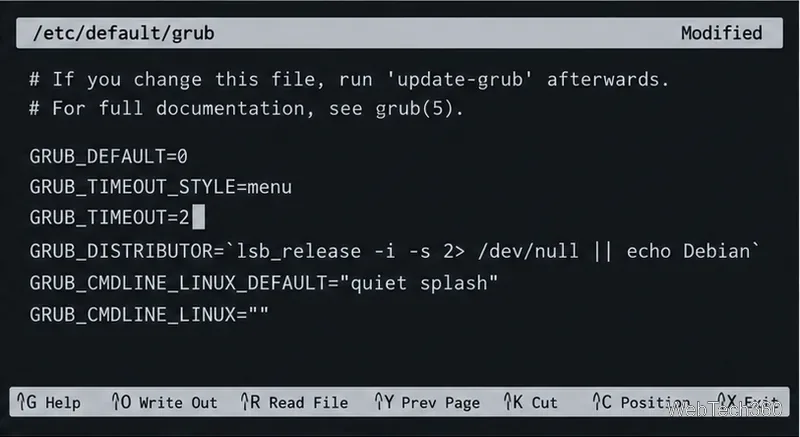 Text editor showing GRUB_TIMEOUT_STYLE=menu and GRUB_TIMEOUT=2 in /etc/default/grub
