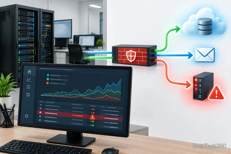 Pannello di controllo della sicurezza di rete che evidenzia un trasferimento dati in uscita sospetto che attraversa un firewall.