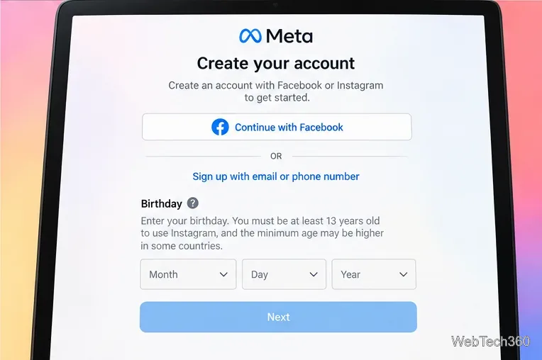 Schermata di creazione dell'account Meta con accesso tramite Facebook, registrazione via email o telefono e campi per la data di nascita.