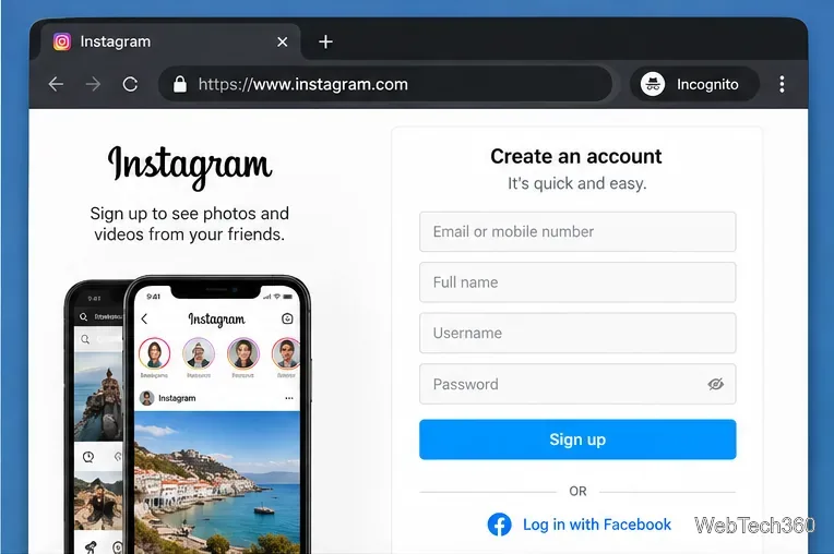 Browser web desktop che mostra un modulo di registrazione per l'account Instagram con i campi relativi a email, nome utente e password.