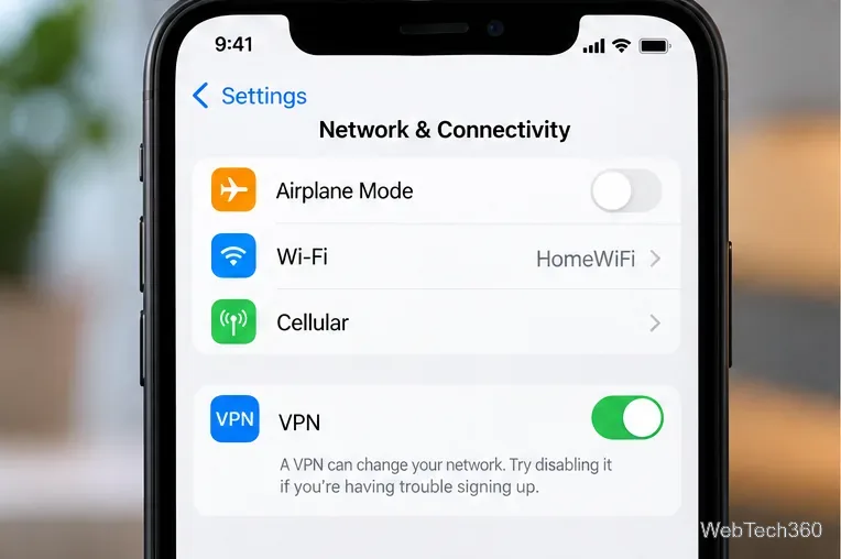 Impostazioni di rete del telefono che mostrano Wi-Fi, dati cellulare e un controllo VPN per la risoluzione dei problemi di connettività durante la registrazione.
