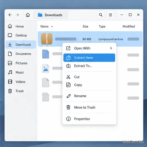 Una cartella Download di Linux con un archivio Betterbird compresso selezionato e la voce di menu Estrai qui.