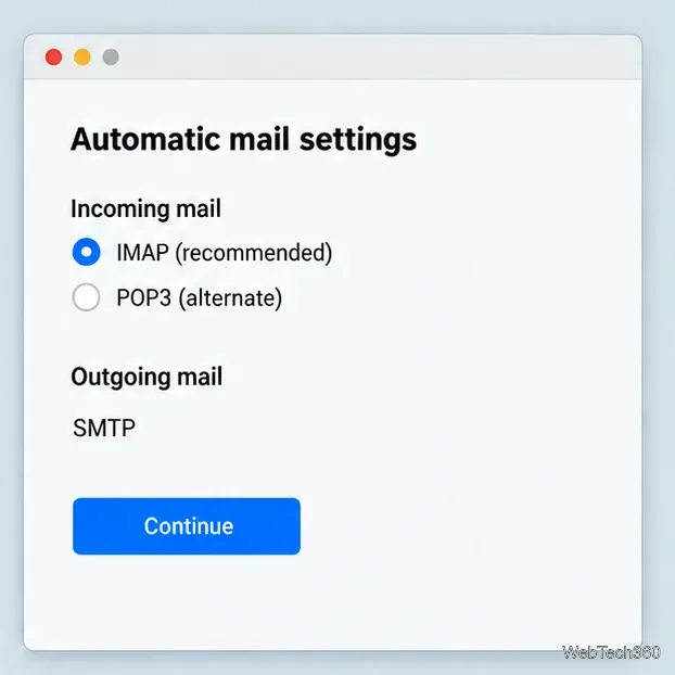 Una schermata generica di conferma delle impostazioni di posta elettronica che mostra IMAP selezionato, POP3 come alternativa, SMTP per la posta in uscita e Continua.
