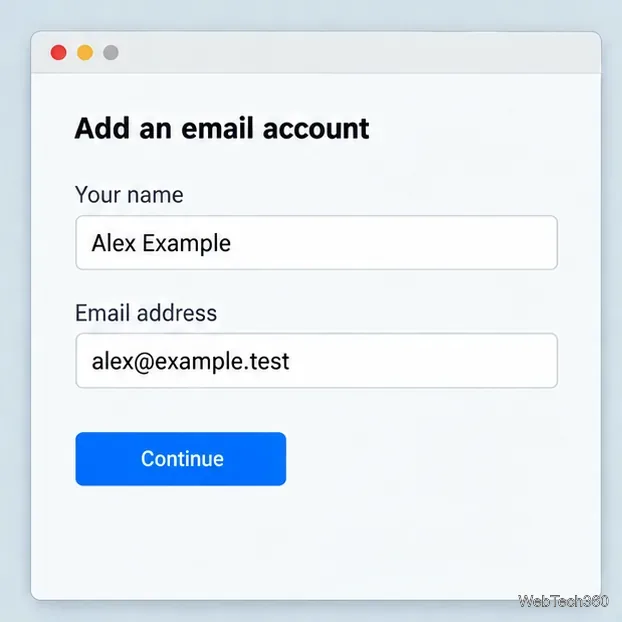 Un modulo per la creazione di un account email, precompilato con i dati del personaggio fittizio Alex Example e dell'indirizzo email alex@example.test.