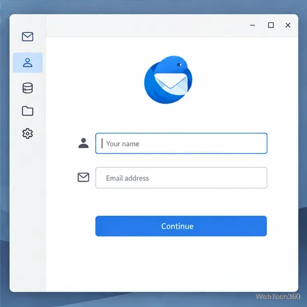 Una finestra di configurazione dell'account di posta elettronica con campi vuoti per nome e indirizzo e-mail e un pulsante Continua.
