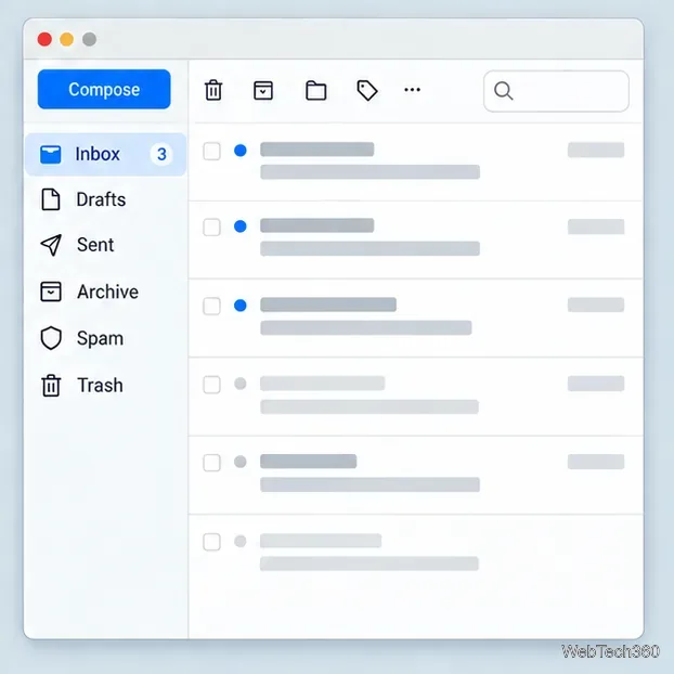 Una finestra di posta elettronica in arrivo con cartelle in una barra laterale e righe di messaggi visualizzate nell'elenco.