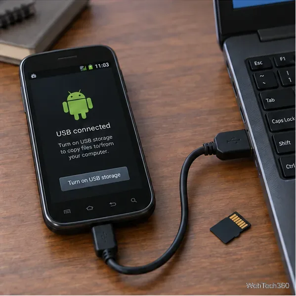Um celular Android de estilo antigo conectado a um computador via USB, com um cartão microSD ao lado.