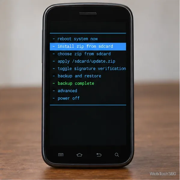 Um menu de recuperação esquemático da era Gingerbread com uma linha para instalação de ZIP e uma opção de backup; os menus de recuperação variam e as verificações de assinatura devem permanecer ativadas.