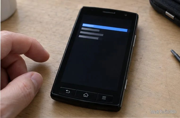 Um Xperia X10 exibindo um menu de recuperação antigo, com linhas indistintas e uma opção selecionada.