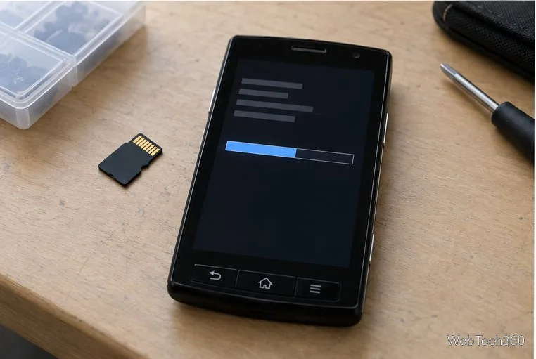 Um Xperia X10 exibindo uma barra de progresso de recuperação genérica ao lado de um cartão microSD.