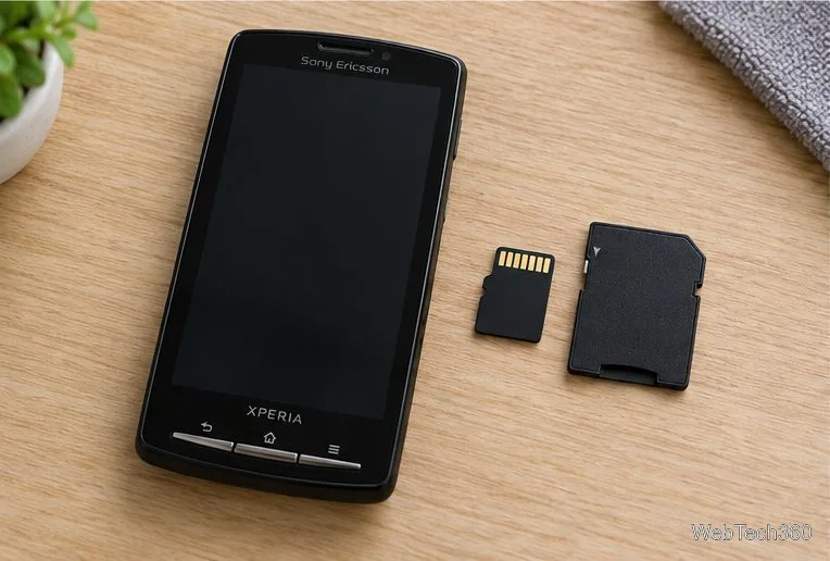 Um Sony Ericsson Xperia X10 ao lado de um cartão microSD e um adaptador SD de tamanho normal sobre uma mesa de madeira.