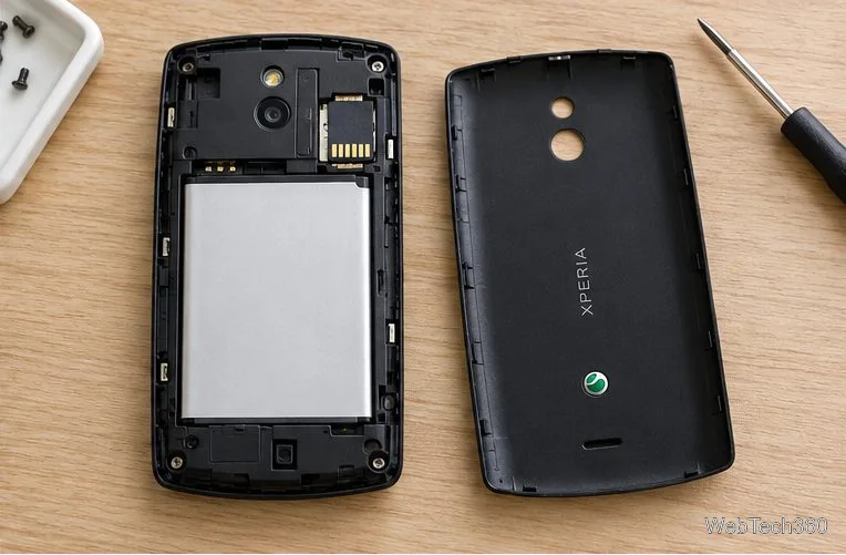 A tampa traseira e o compartimento da bateria de um Sony Ericsson Xperia X10 estão abertos, expondo o slot para cartão microSD.
