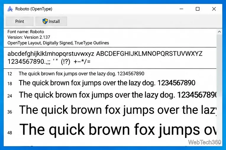 Windows font preview window for an OpenType Roboto font with sample characters and Install button