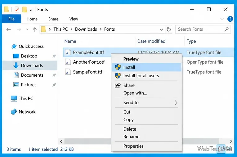 Windows 10 File Explorer context menu with Install and Install for all users for a TrueType font