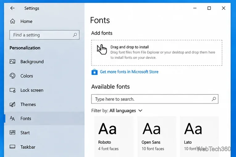 Windows 10 Settings Fonts page showing Available fonts and the search box