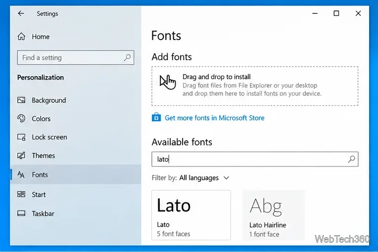 Windows 10 Fonts settings search showing Lato installed as an available font
