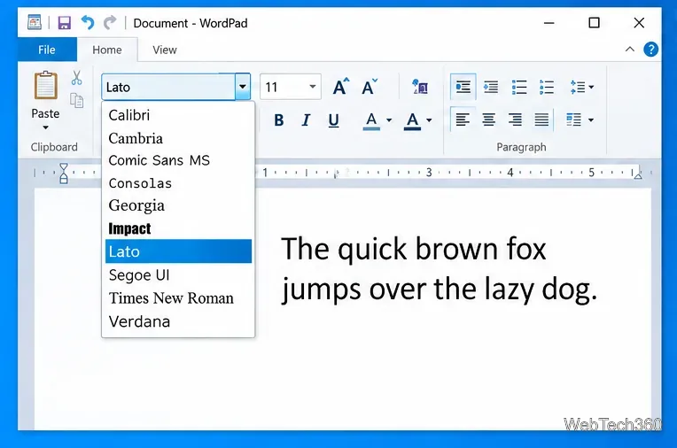 WordPad in Windows 10 using the Lato font in sample text