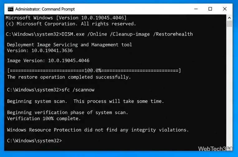 Administrator Command Prompt in Windows 10 showing completed DISM and SFC commands