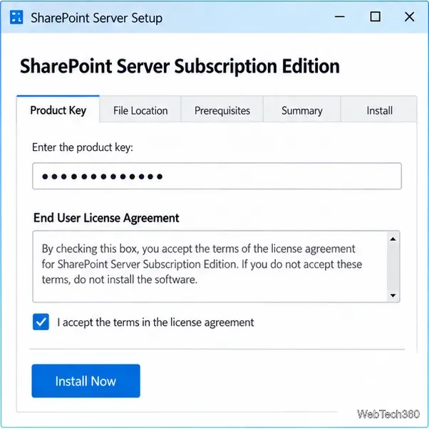 SharePoint Server Subscription Edition Setup with a masked product key, license agreement, and Install Now button