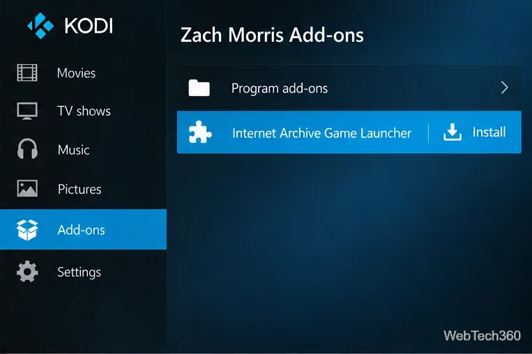 Zach Morris Add-onsリポジトリには、インストールオプション付きのInternet Archive Game Launcherが表示されています。