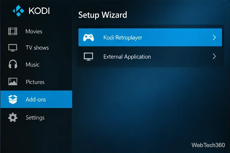KodiのIAGLセットアップウィザードでは、Kodi RetroPlayerがデフォルトとして表示され、外部アプリケーションがオプションとして表示されます。