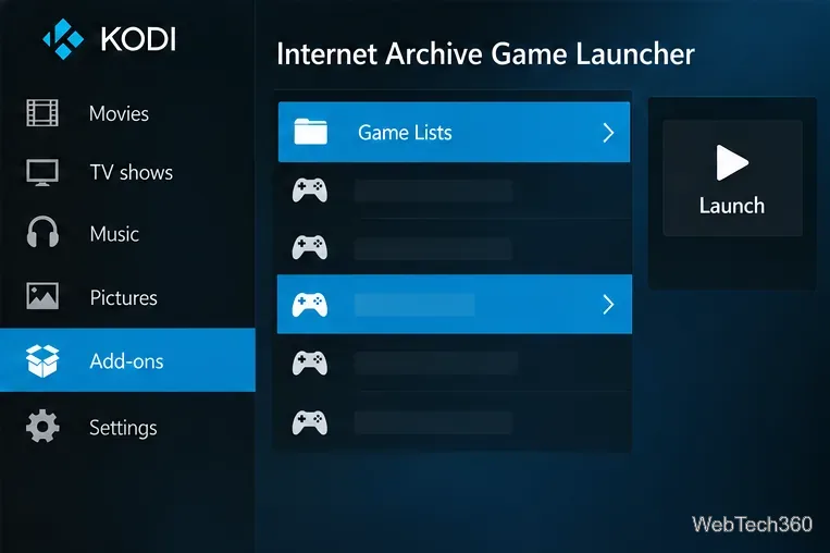 Kodiのインターネットアーカイブゲームランチャーのリストビューで、1つのエントリが選択され、起動コントロールが表示されている。