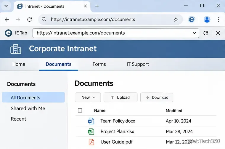 Fila Chrome afișează un exemplu de portal de documente intranet sub bara de adrese a filei IE