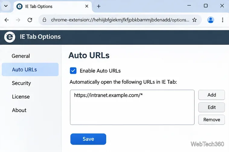 Exemplu de opțiuni IE Tab cu URL-uri automate activate pentru un model de adresă intranet