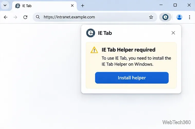 Fila IE din Chrome afișează un exemplu de solicitare de instalare a instrumentului de asistență Windows