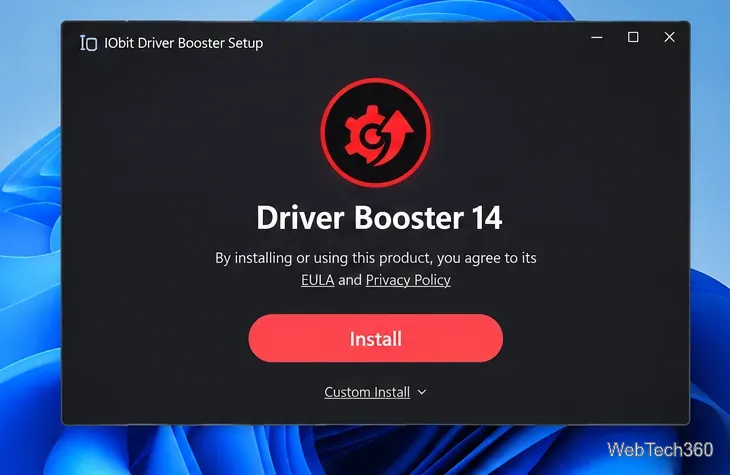Driver Booster 14 setup window with Install and Custom Install options