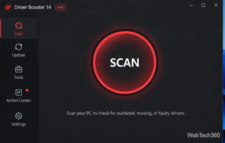 Driver Booster 14 main screen with the large Scan button