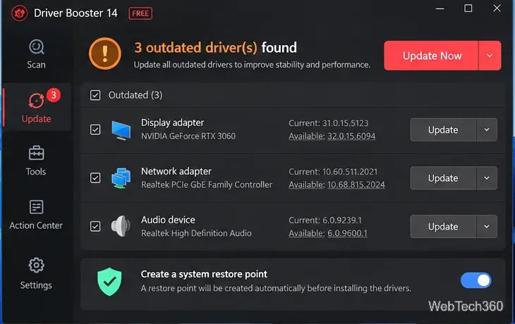 Driver Booster 14 results screen with selected drivers, Update Now, and system restore point enabled