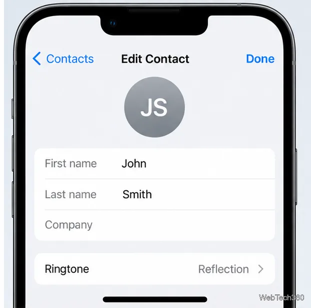 Tela de edição de contatos no iPhone com um toque atribuído.