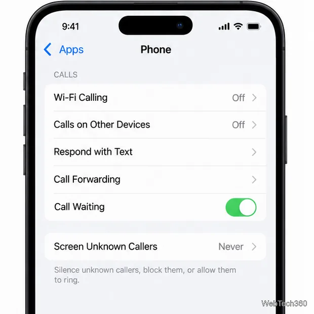 Configurações do iPhone com a opção "Filtrar chamadas desconhecidas" definida como "Nunca".