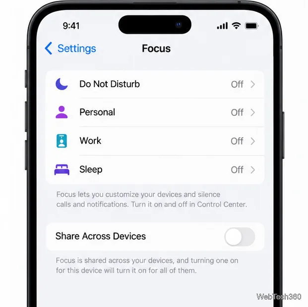 Configurações do iPhone Focus mostrando os modos Não Perturbe, Pessoal, Trabalho e Repouso desativados.