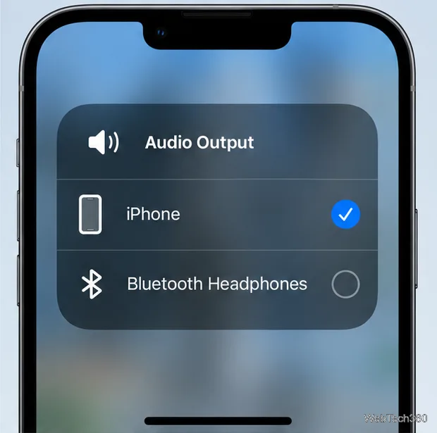 Menu de saída de áudio do iPhone com o iPhone selecionado e os fones de ouvido Bluetooth desmarcados.