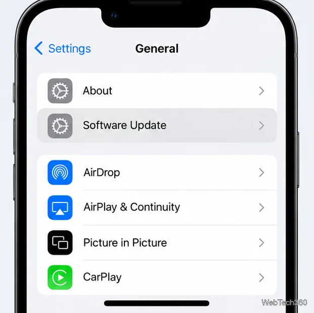 Configurações gerais do iPhone com a opção Atualização de Software selecionada.