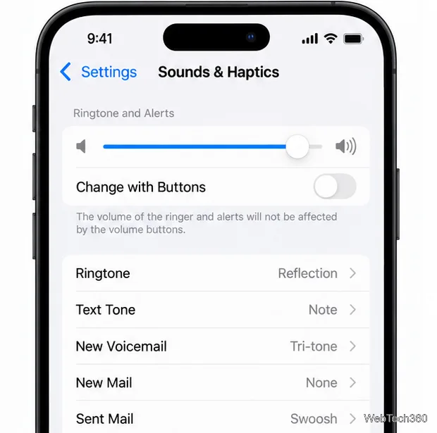 Configurações de Sons e Vibração do iPhone com o controle deslizante de Toque e Alertas definido como alto.