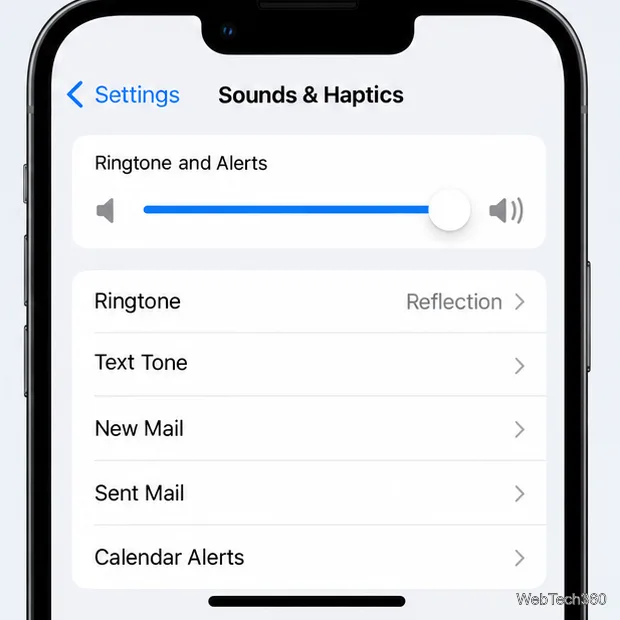 Tela de Sons e Vibrações do iPhone com o controle deslizante de Toques e Alertas e a linha de toques.