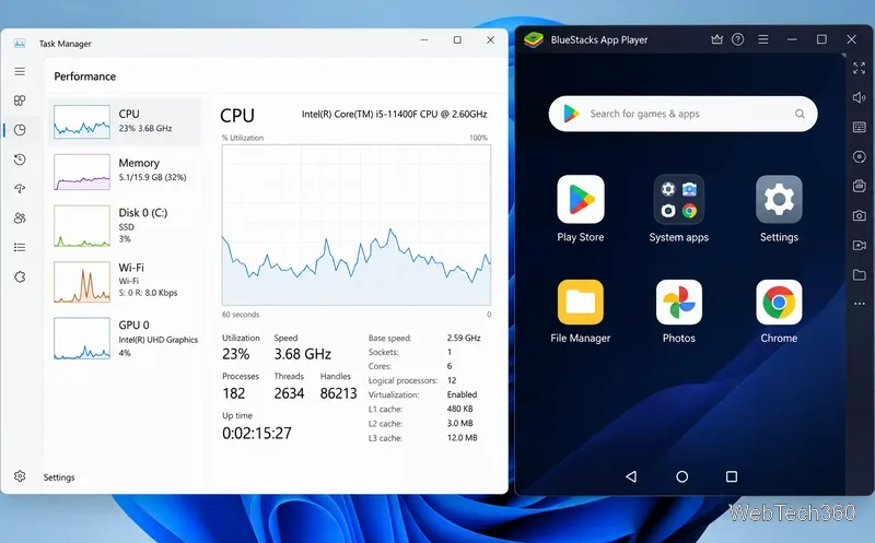 Visualizzazione delle prestazioni di Gestione attività di Windows accanto a BlueStacks App Player con virtualizzazione abilitata.